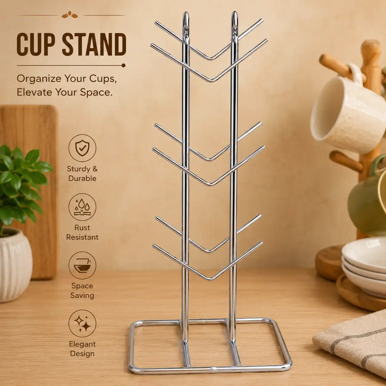 Elegant kitchen cup stand organizer with rust-resistant chrome-plated metal frame.