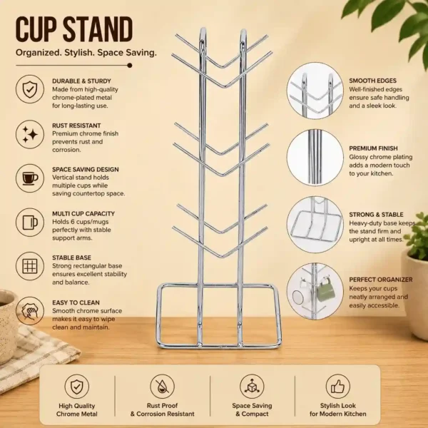Premium stainless steel cup stand with six hooks, rust-resistant chrome finish organizer.