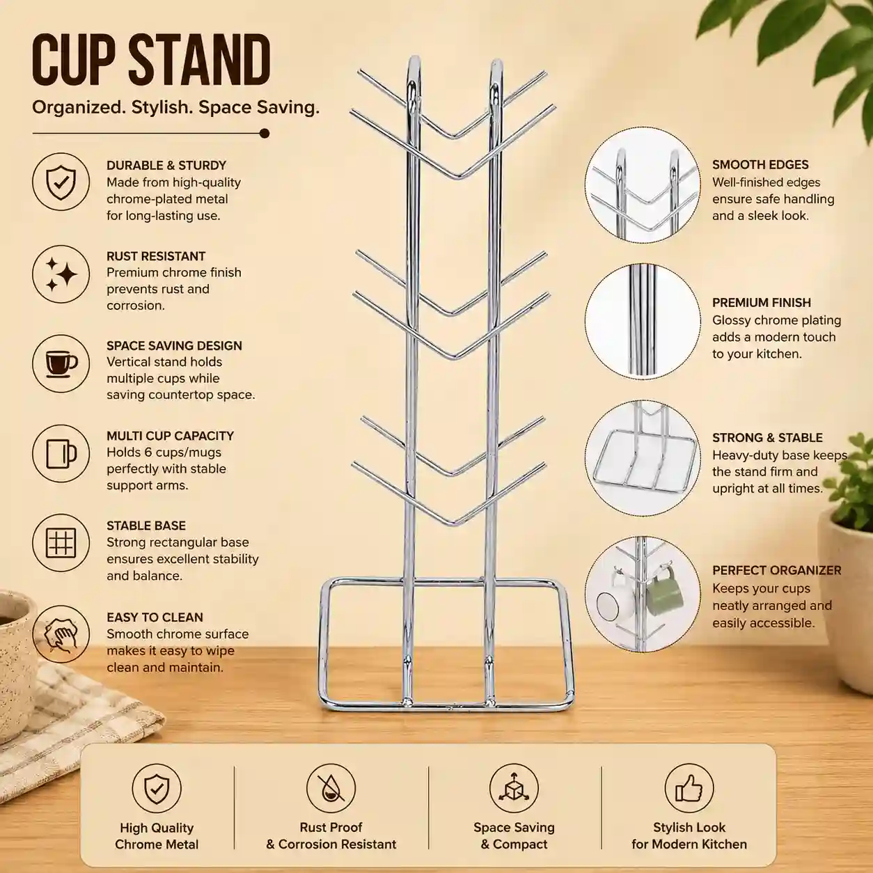 Premium stainless steel cup stand with six hooks, rust-resistant chrome finish organizer.