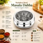 High-quality stainless steel masala dabba with features, specifications, and storage benefits.