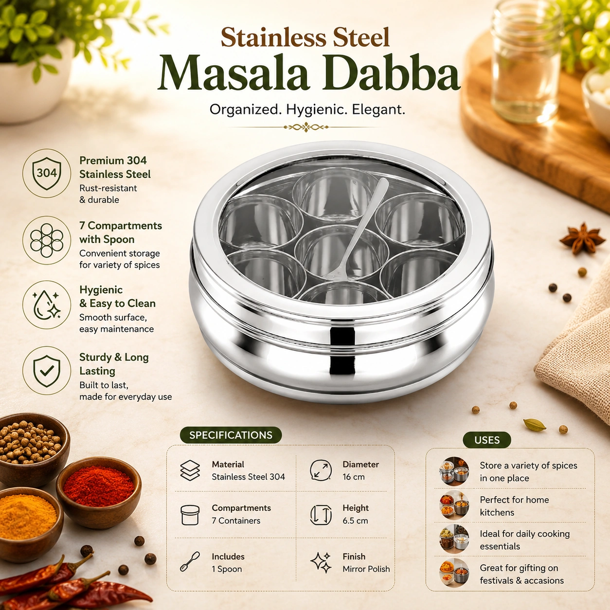 High-quality stainless steel masala dabba with features, specifications, and storage benefits.
