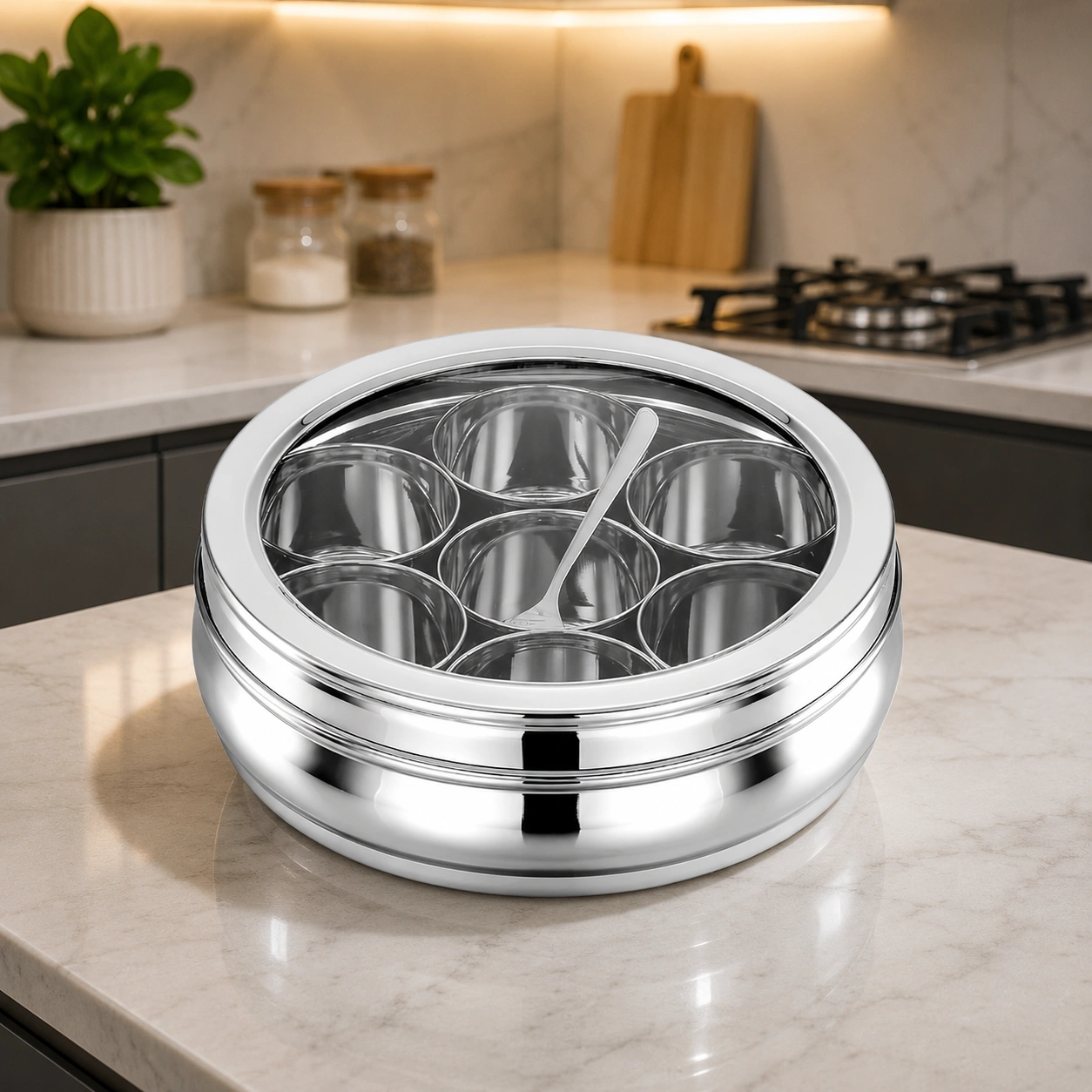 Premium stainless steel spice box placed on a modern kitchen countertop.