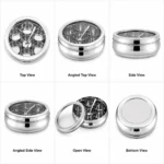 Premium stainless steel masala dabba showing top, side, open, and bottom views.