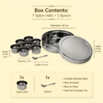 High-quality stainless steel masala dabba with dimensions, spice containers, and spoon details.