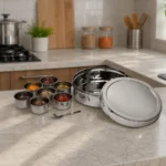 Elegant stainless steel masala dabba with spice containers arranged on modern kitchen countertop.