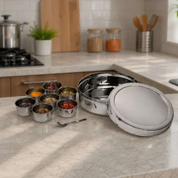 Elegant stainless steel masala dabba with spice containers arranged on modern kitchen countertop.