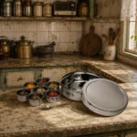 Premium stainless steel masala dabba with 7 spice containers displayed in rustic vintage kitchen.