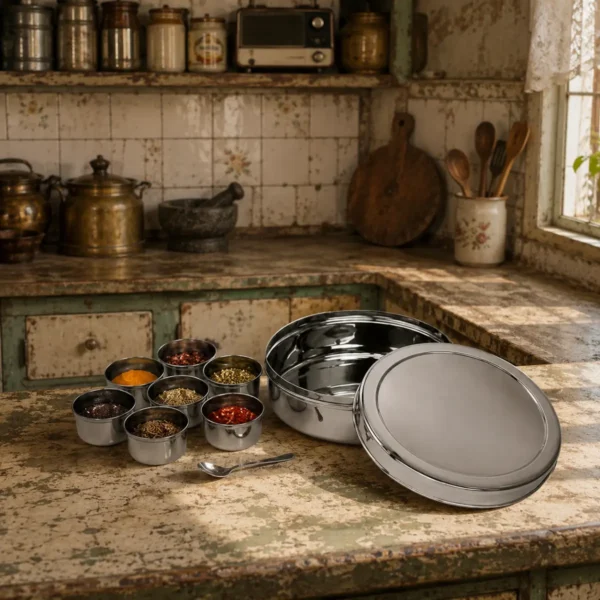 Premium stainless steel masala dabba with 7 spice containers displayed in rustic vintage kitchen.
