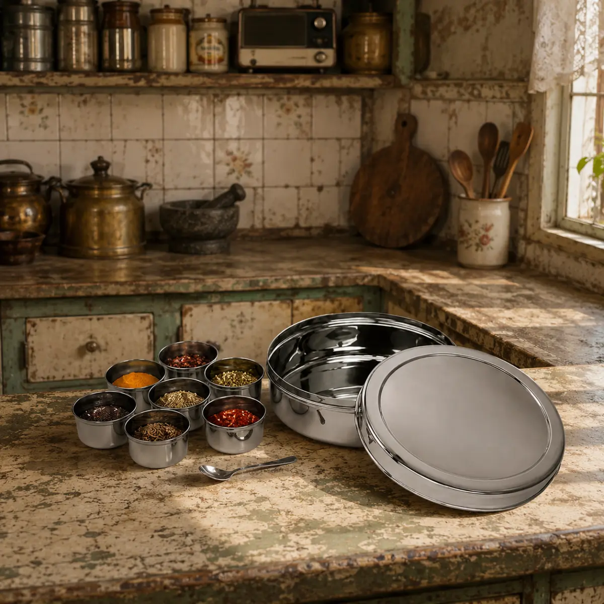 Premium stainless steel masala dabba with 7 spice containers displayed in rustic vintage kitchen.