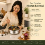 Best stainless steel masala dabba with spices being used by woman in kitchen.