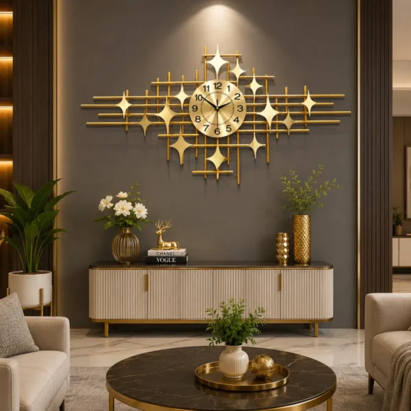 Star Design Metal Wall Clock in luxury living room with modern gold wall décor