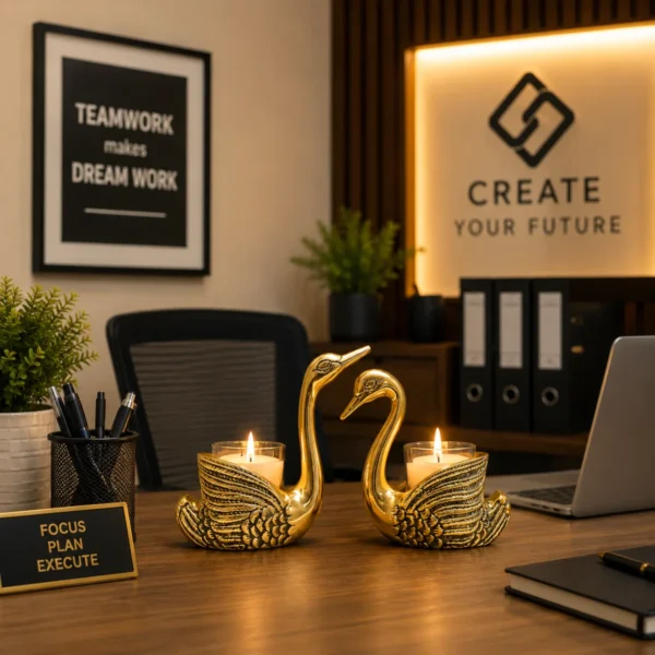 Luxury swan couple candle holder placed on modern office desk setup