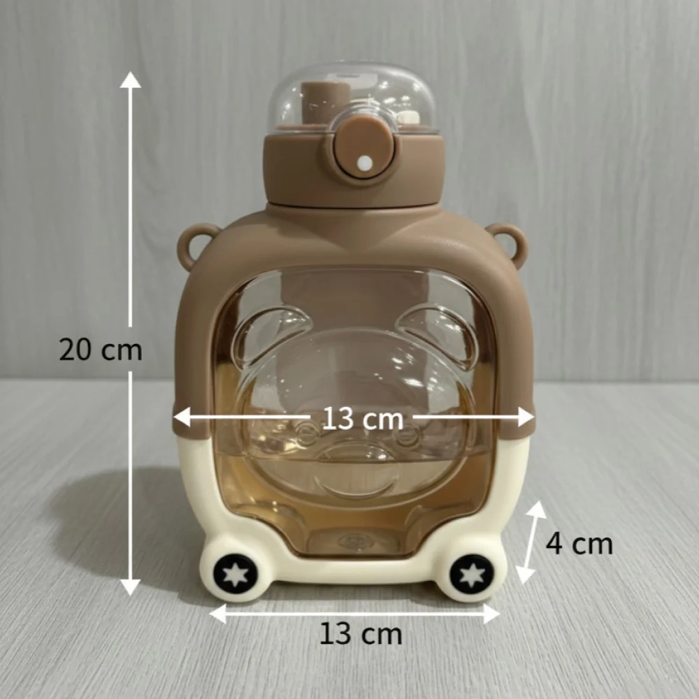 Premium teddy bear kids water bottle with dimensions and leakproof design.