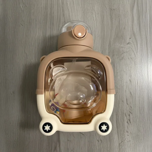 Adorable bear water bottle with clear body and easy-grip shape.