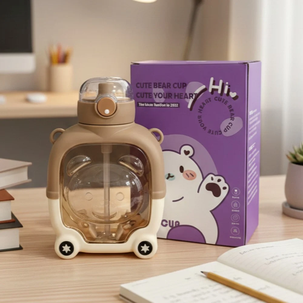 Cute bear cup water bottle with premium packaging gift box.