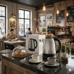 Premium Tinums electric heat kettle displayed in a stylish café with tea cups.