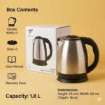 Best Tinums electric kettle with box contents, dimensions, and 1.8L capacity.