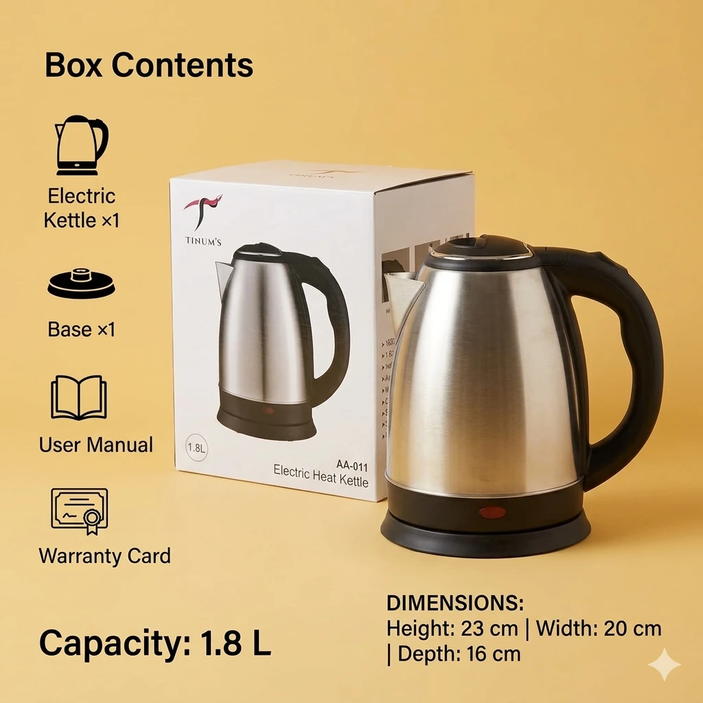 Best Tinums electric kettle with box contents, dimensions, and 1.8L capacity.