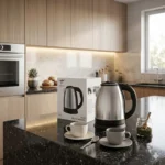 High-quality electric heat kettle placed on a modern kitchen countertop.