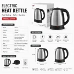 Durable stainless steel electric kettle with detailed specifications and dimensions.