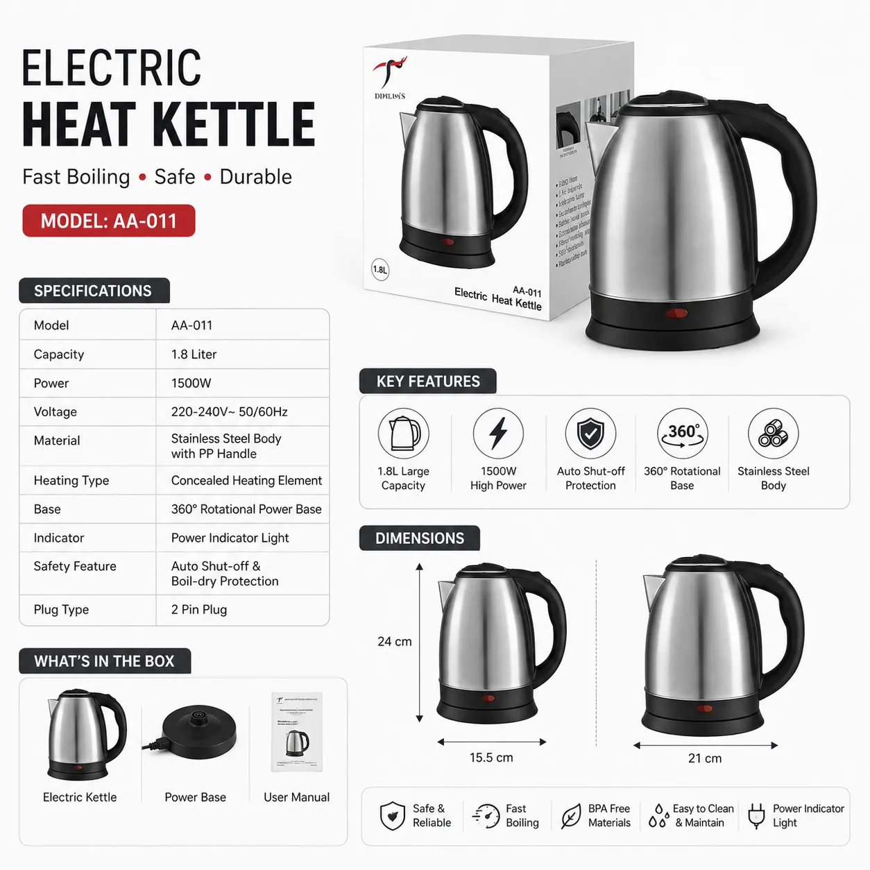 Durable stainless steel electric kettle with detailed specifications and dimensions.