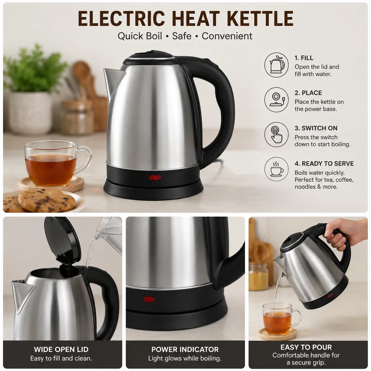 Reliable electric kettle showing quick boil features and easy pouring design.