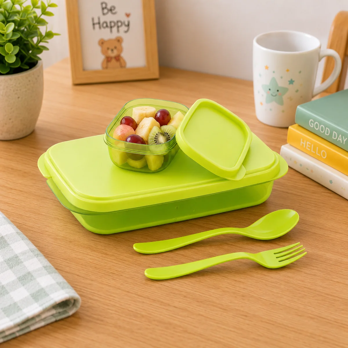 TINUMS Plastic Divine Lunch Box with fresh fruits stored in small container for organized meals