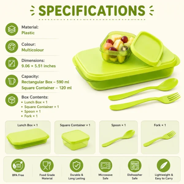 TINUMS Plastic Divine Lunch Box specifications showing plastic material dimensions capacity and box contents infographic