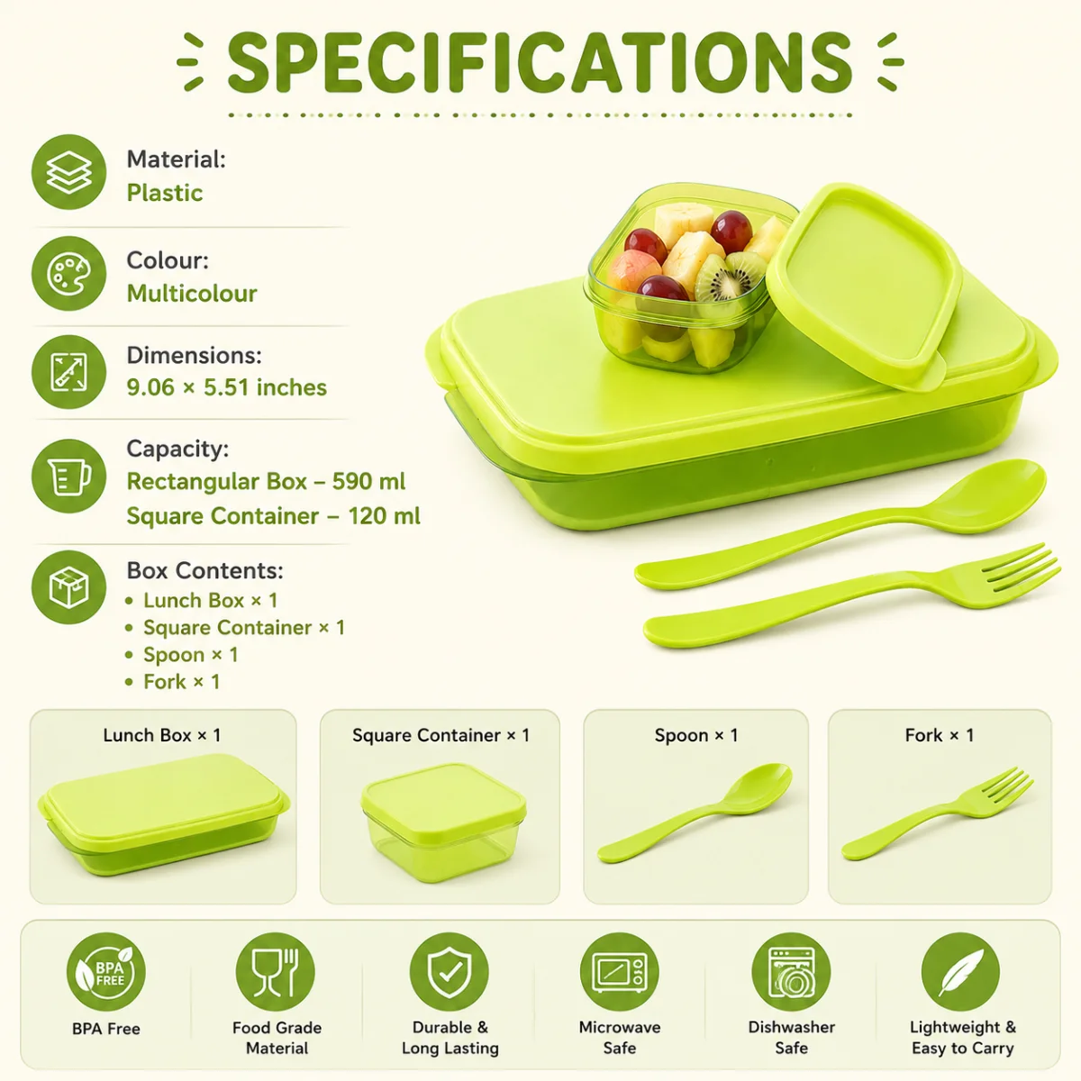 TINUMS Plastic Divine Lunch Box specifications showing plastic material dimensions capacity and box contents infographic