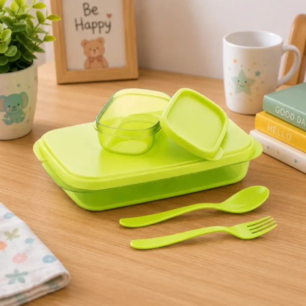 TINUMS Plastic Divine Lunch Box placed on wooden table with spoon fork and food container