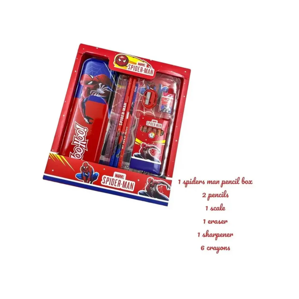TINUMS Spiderman themed stationery kit with pencil box pencils scale eraser sharpener and crayons