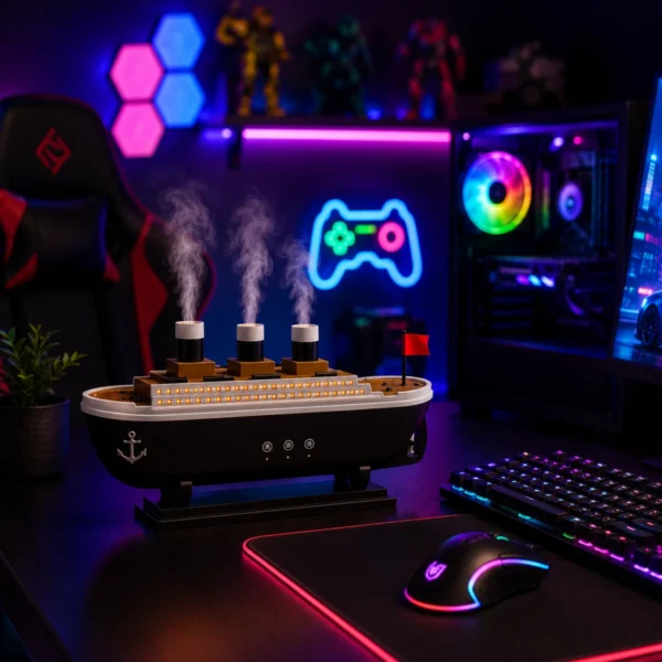 Titanic Humidifier Boat with RGB gaming setup and neon lights