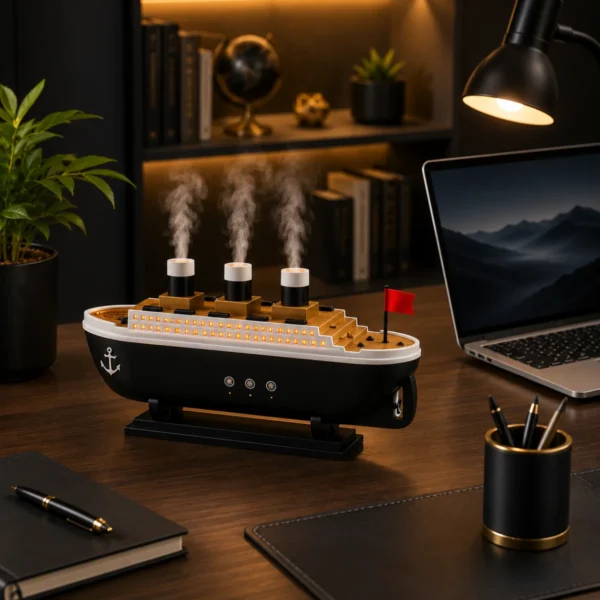 Titanic Humidifier Boat with LED lights and mist on modern office desk setup