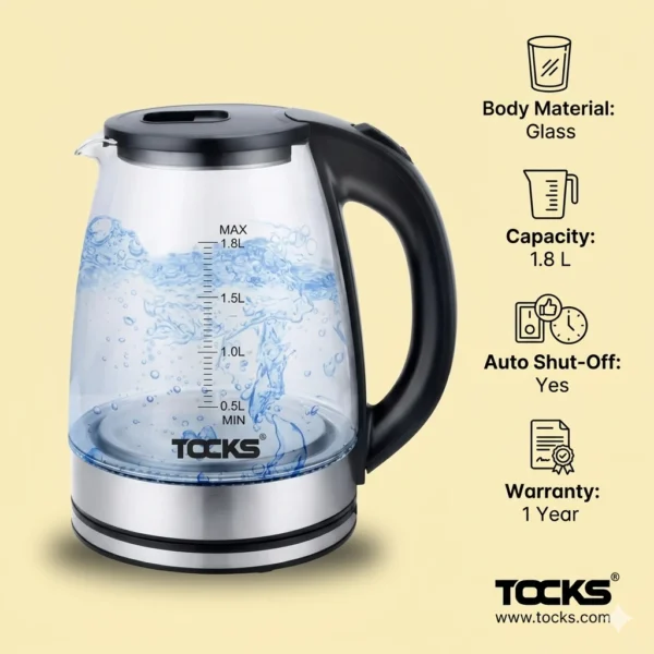 Premium TOCKS glass electric kettle with 1.8L capacity and auto shut-off feature.