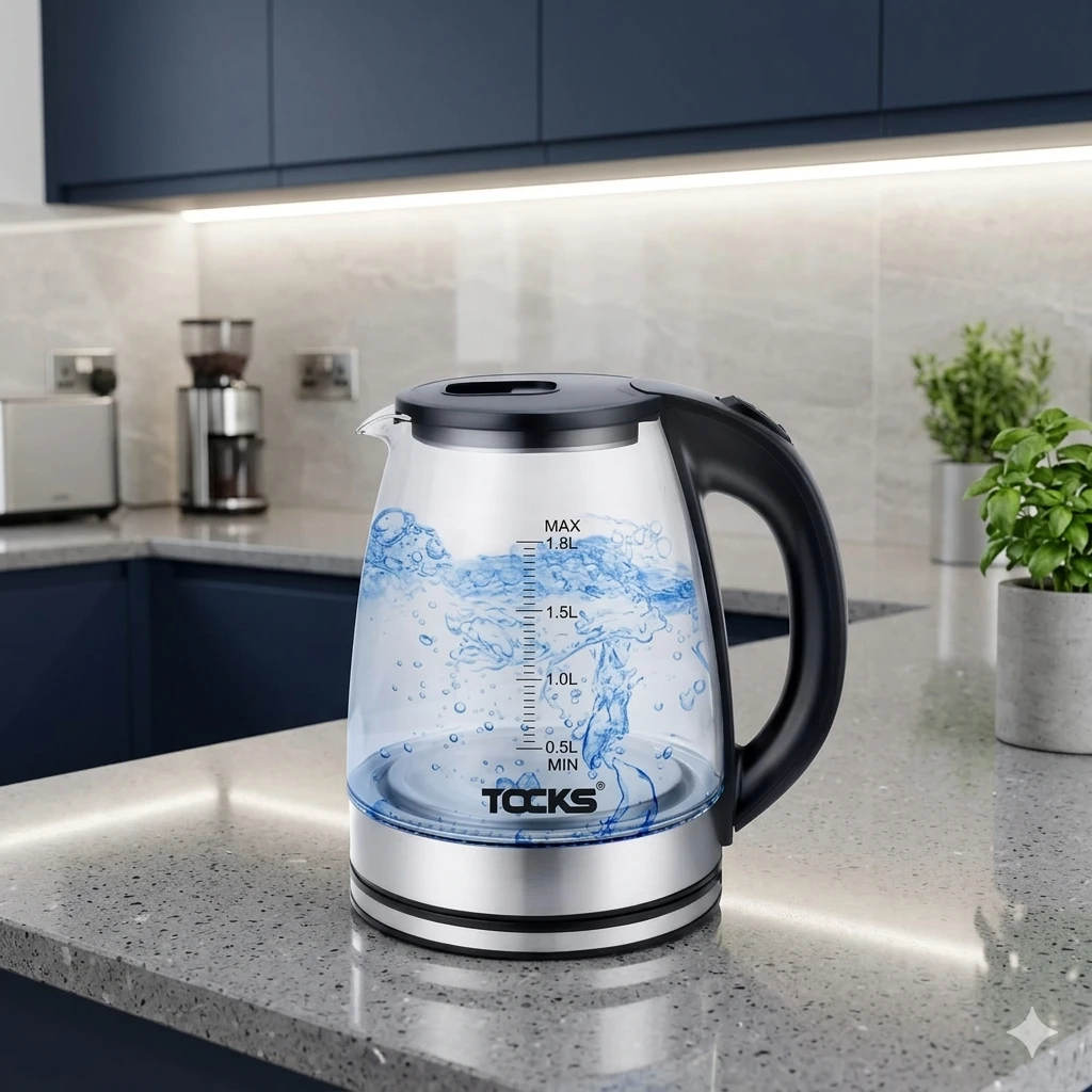 High-quality TOCKS electric glass kettle on a premium modern kitchen counter.