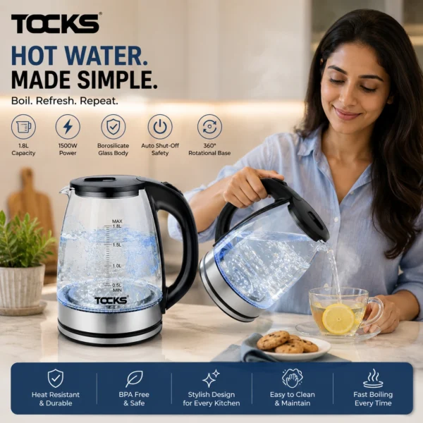 Premium glass electric kettle pouring hot water into a tea cup.