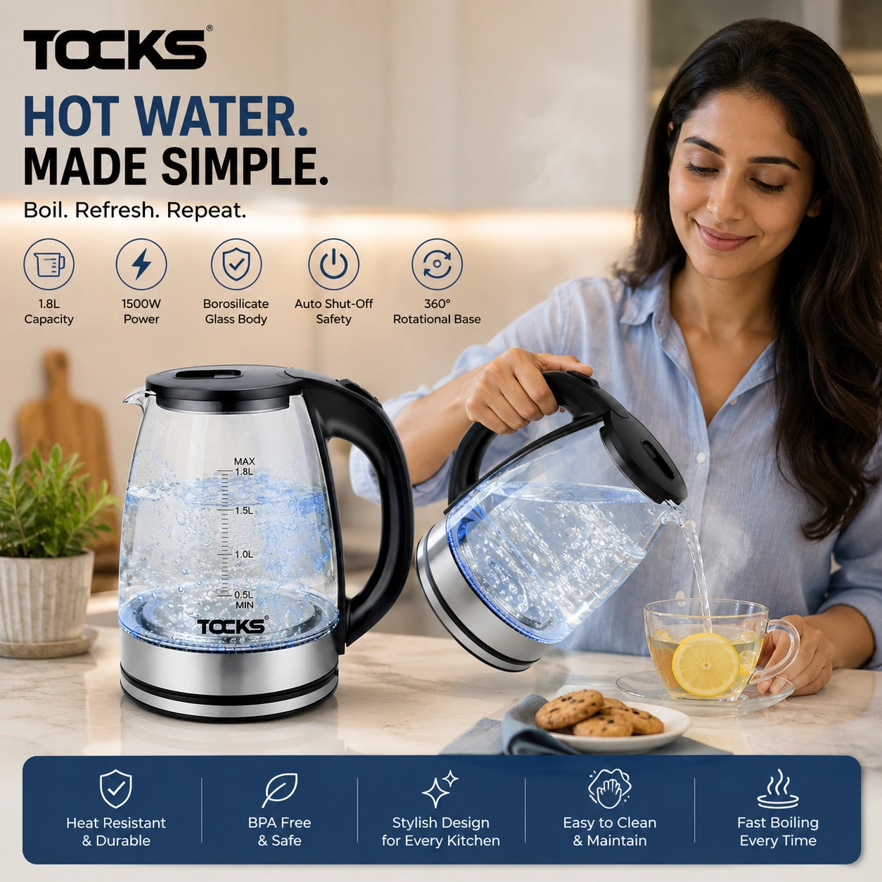 Premium glass electric kettle pouring hot water into a tea cup.
