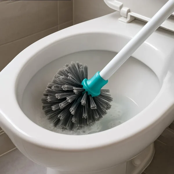 Heavy-duty toilet brush cleaning bowl surface with strong circular bristles.