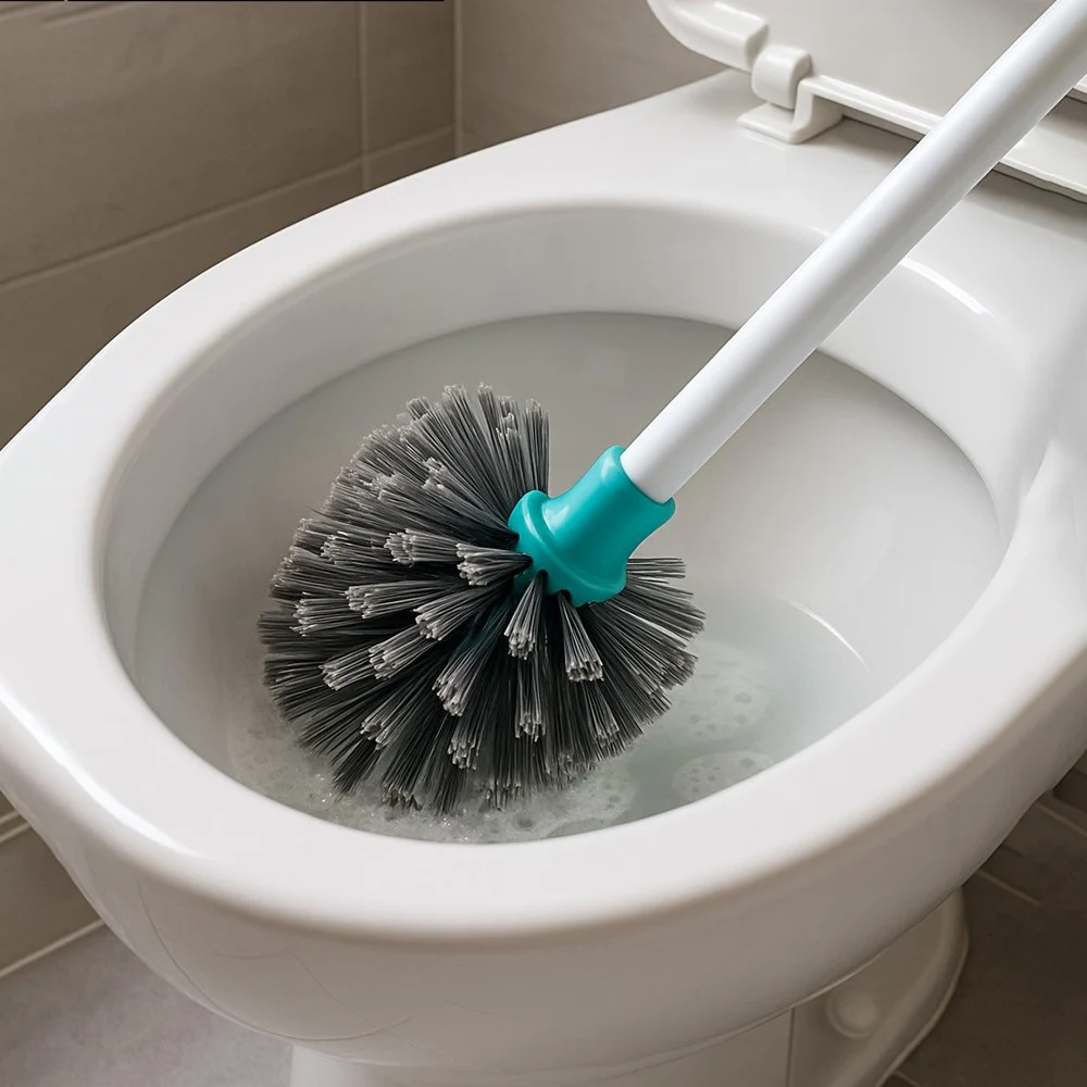 Heavy-duty toilet brush cleaning bowl surface with strong circular bristles.
