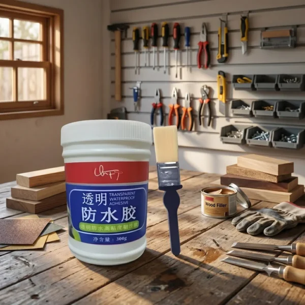 Waterproof transparent adhesive glue in professional workshop setting
