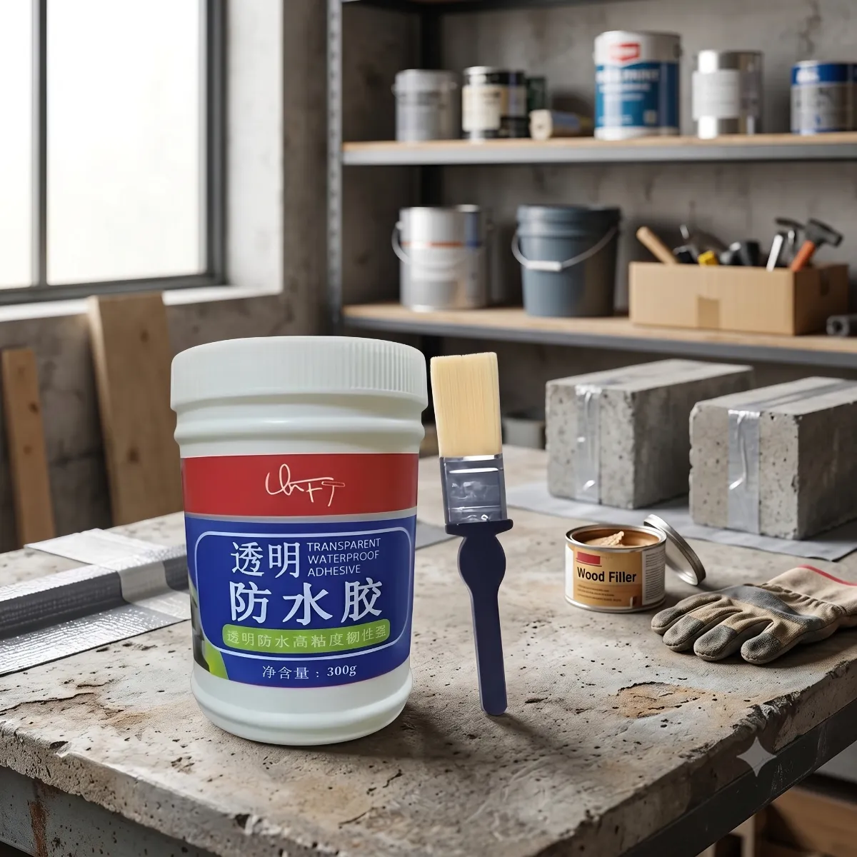 Waterproof crack seal adhesive on construction workbench display