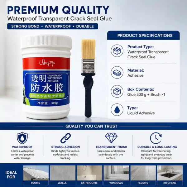 Premium waterproof transparent crack seal glue with brush
