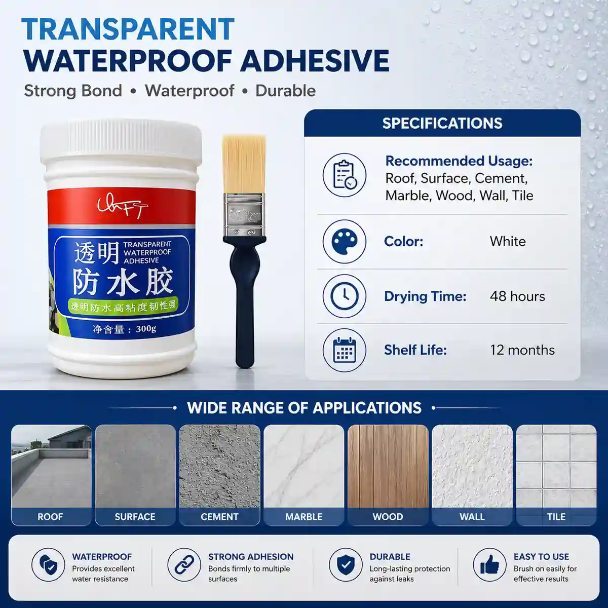Transparent waterproof adhesive specifications for multiple repair surfaces
