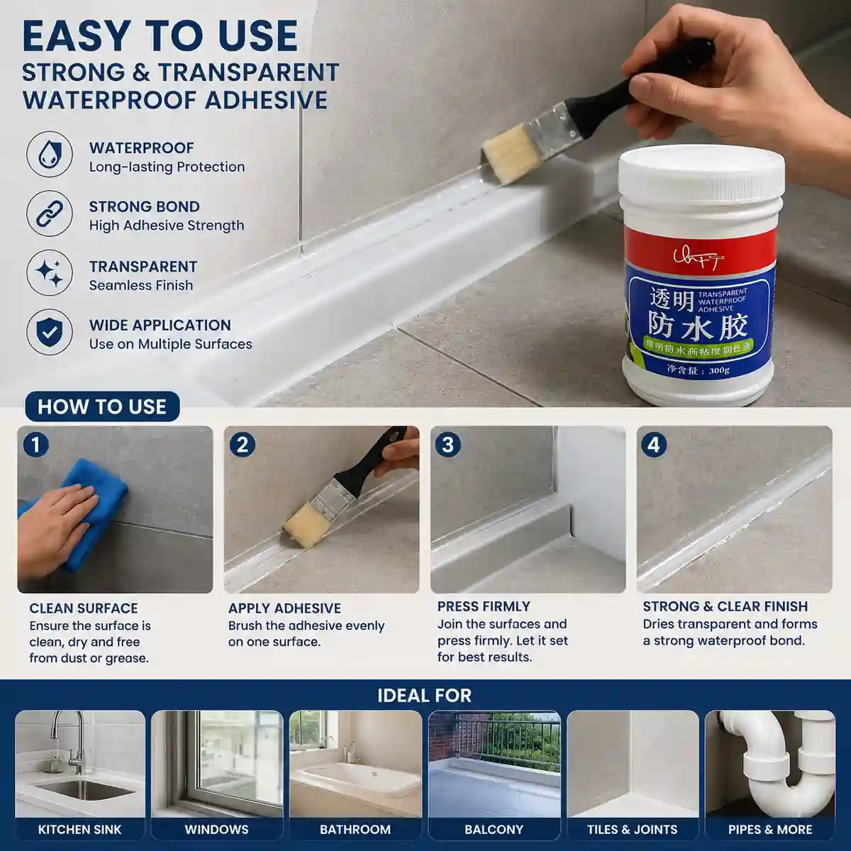 Easy waterproof adhesive application with brush and seal