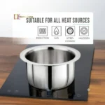 Versatile stainless steel tri-ply tope compatible with induction and gas cooktops.