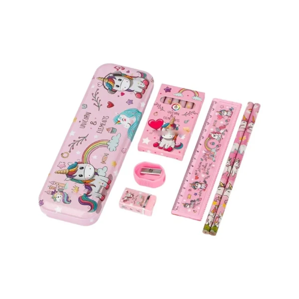 Complete unicorn stationery set with ruler, pencils, sharpener and eraser.