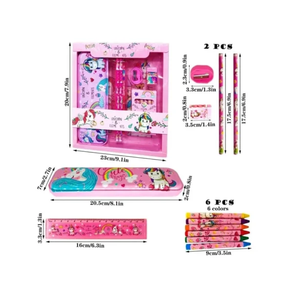 Cute unicorn stationery kit with dimensions, pencils, ruler and storage box.