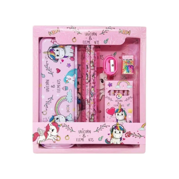 Premium unicorn stationery gift set with pencil box, pencils and accessories.