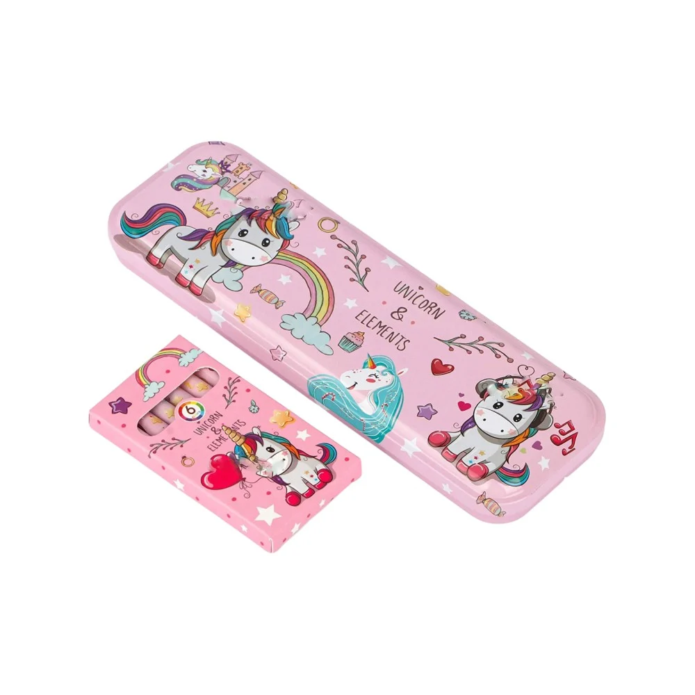 Adorable unicorn pencil box and crayon set with colorful cartoon design.