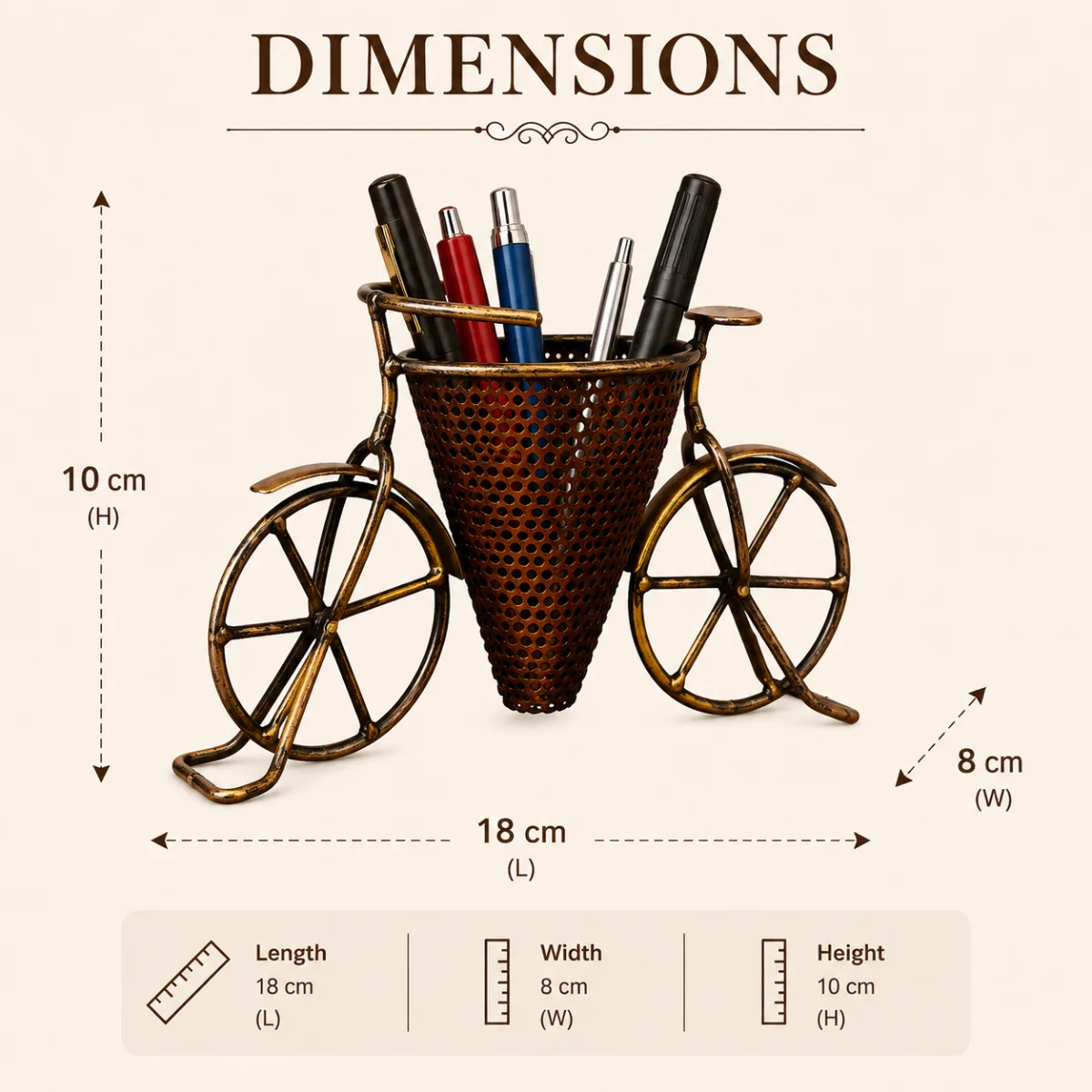 V Shape Cycle Pen Stand dimensions 18 x 10 x 8 cm metal pen holder